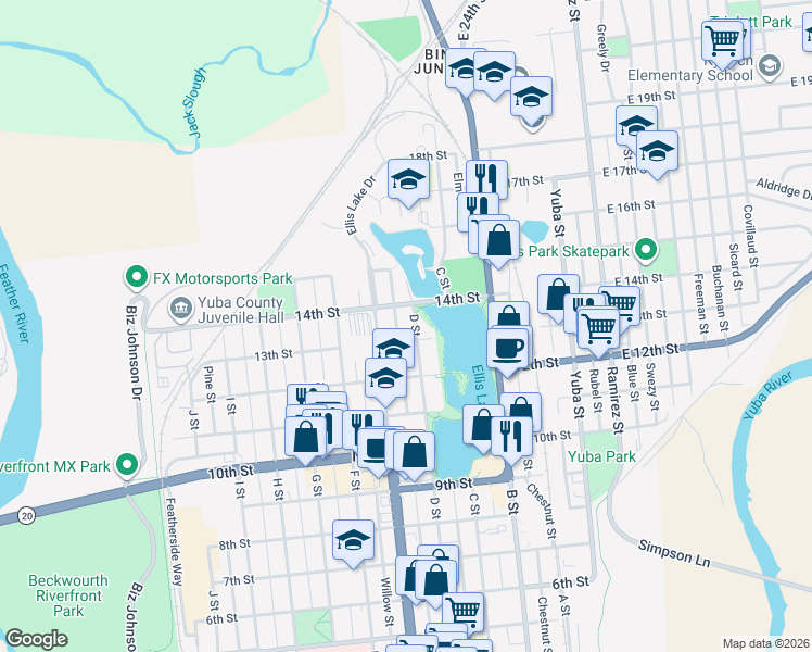 map of restaurants, bars, coffee shops, grocery stores, and more near 1313 D Street in Marysville