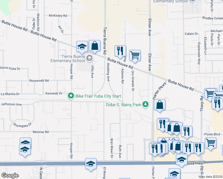 map of restaurants, bars, coffee shops, grocery stores, and more near 1500-1698 Redding Ave in Yuba City