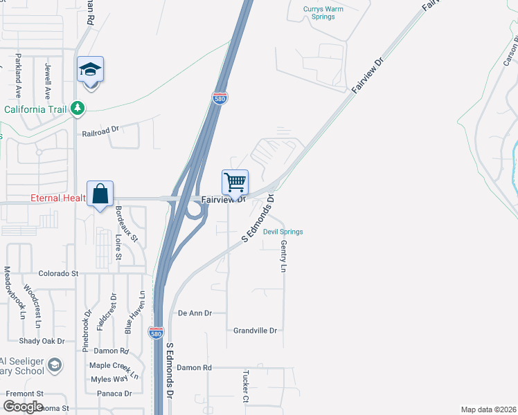 map of restaurants, bars, coffee shops, grocery stores, and more near 2445 Fairview Drive in Carson City