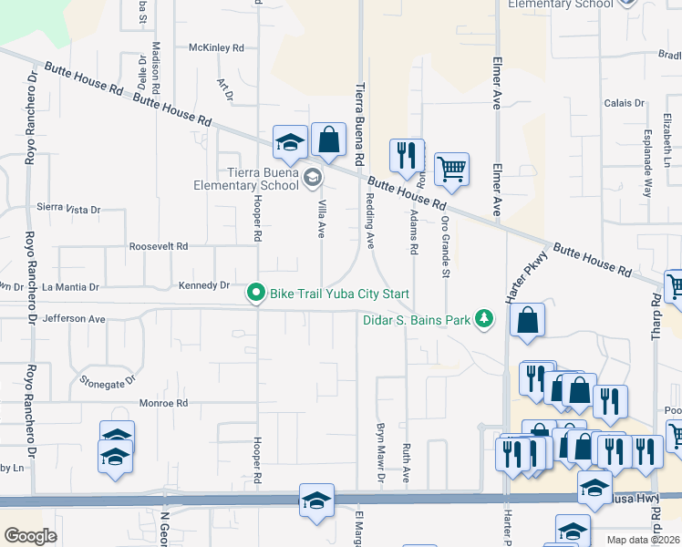 map of restaurants, bars, coffee shops, grocery stores, and more near 1670 Tierra Buena Road in Yuba City