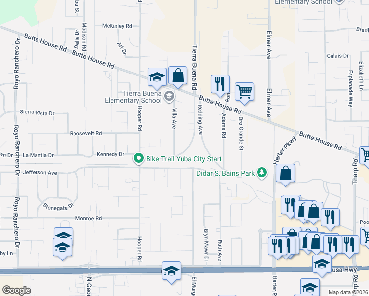 map of restaurants, bars, coffee shops, grocery stores, and more near 1670 Tierra Buena Road in Yuba City