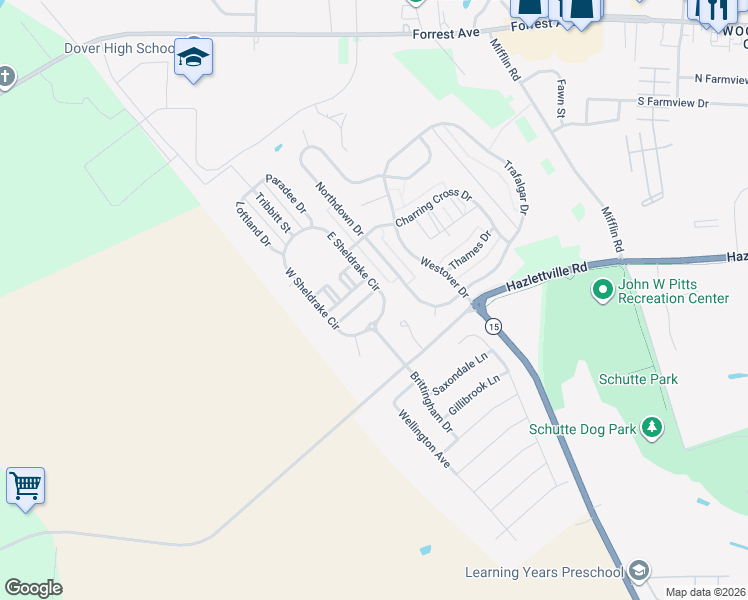 map of restaurants, bars, coffee shops, grocery stores, and more near 139 East Sheldrake Circle in Dover