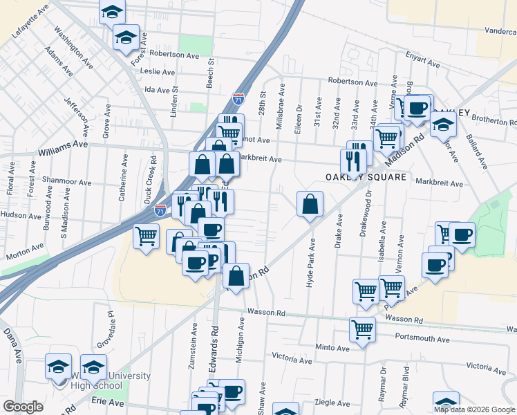 map of restaurants, bars, coffee shops, grocery stores, and more near 3909 Millsbrae Avenue in Cincinnati