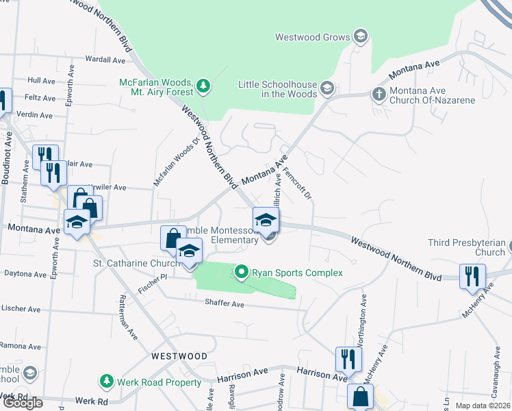 map of restaurants, bars, coffee shops, grocery stores, and more near 3401 Tinaview Court in Cincinnati