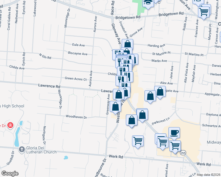 map of restaurants, bars, coffee shops, grocery stores, and more near 5465 Green Acres Court in Cincinnati