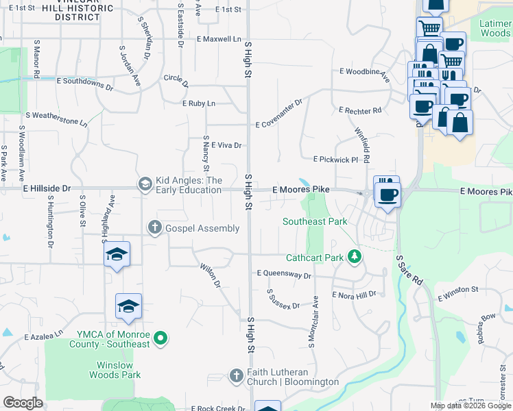 map of restaurants, bars, coffee shops, grocery stores, and more near 2214 East Cape Cod Drive in Bloomington