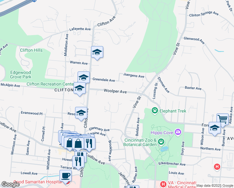 map of restaurants, bars, coffee shops, grocery stores, and more near 179 Woolper Avenue in Cincinnati