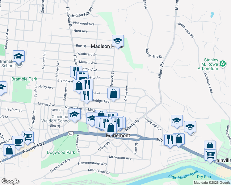 map of restaurants, bars, coffee shops, grocery stores, and more near 7005 Bramble Avenue in Cincinnati