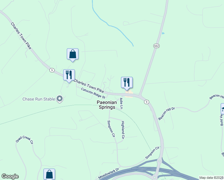 map of restaurants, bars, coffee shops, grocery stores, and more near 40540 Charles Town Pike in Hamilton