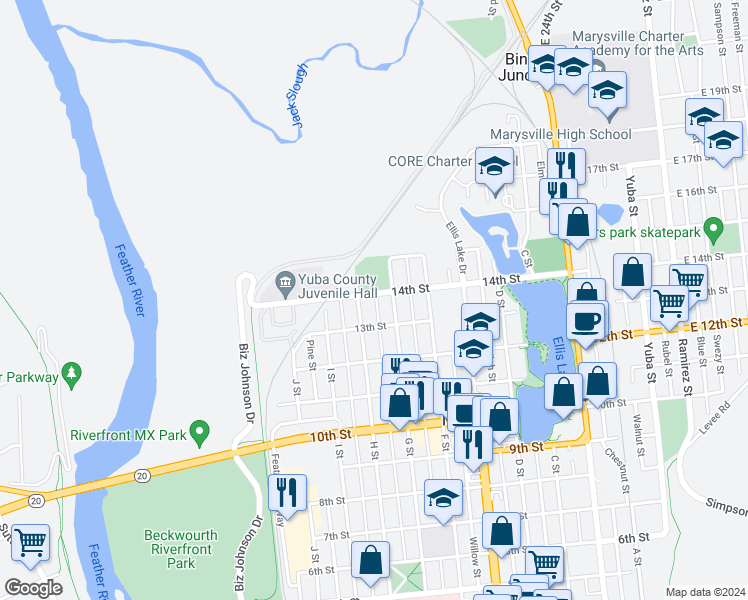 map of restaurants, bars, coffee shops, grocery stores, and more near 720 14th Street in Marysville