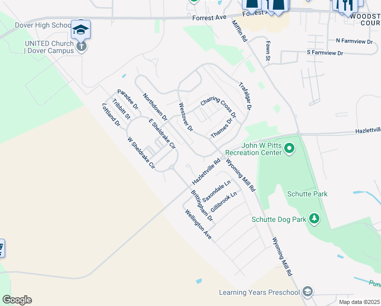 map of restaurants, bars, coffee shops, grocery stores, and more near 213 Northdown Drive in Dover