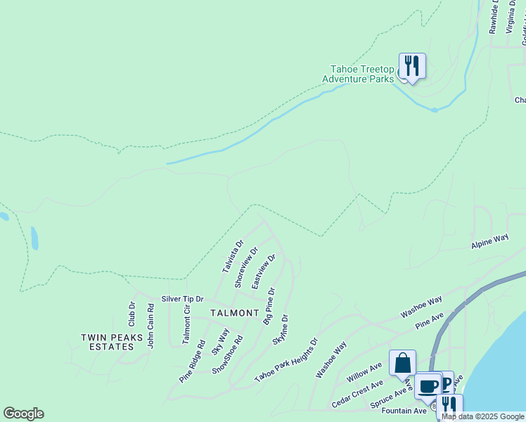 map of restaurants, bars, coffee shops, grocery stores, and more near 1250 Big Pine Drive in Tahoe City