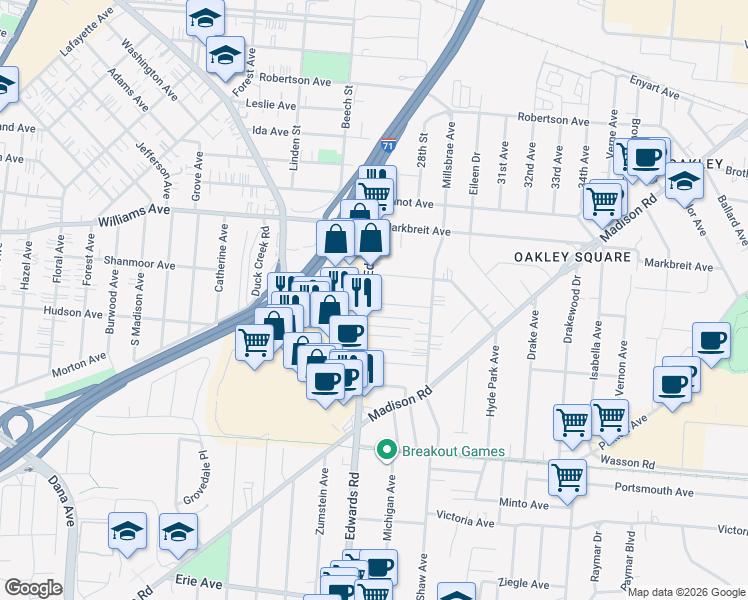 map of restaurants, bars, coffee shops, grocery stores, and more near 3831 Edwards Road in Newtown