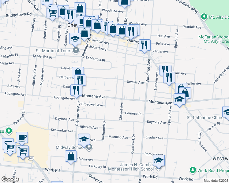 map of restaurants, bars, coffee shops, grocery stores, and more near 3435 Mcfadden Avenue in Cincinnati