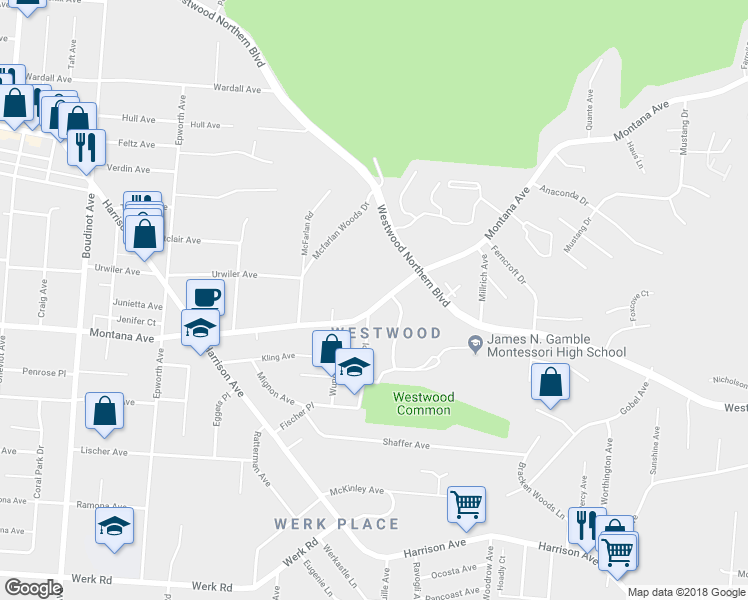 map of restaurants, bars, coffee shops, grocery stores, and more near 2824 Montana Avenue in Cincinnati