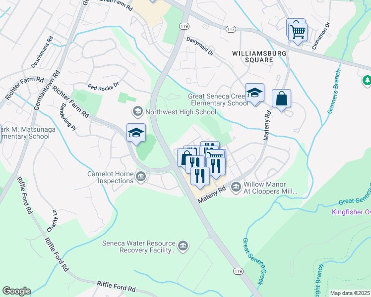 map of restaurants, bars, coffee shops, grocery stores, and more near 13105 Millhaven Place in Germantown