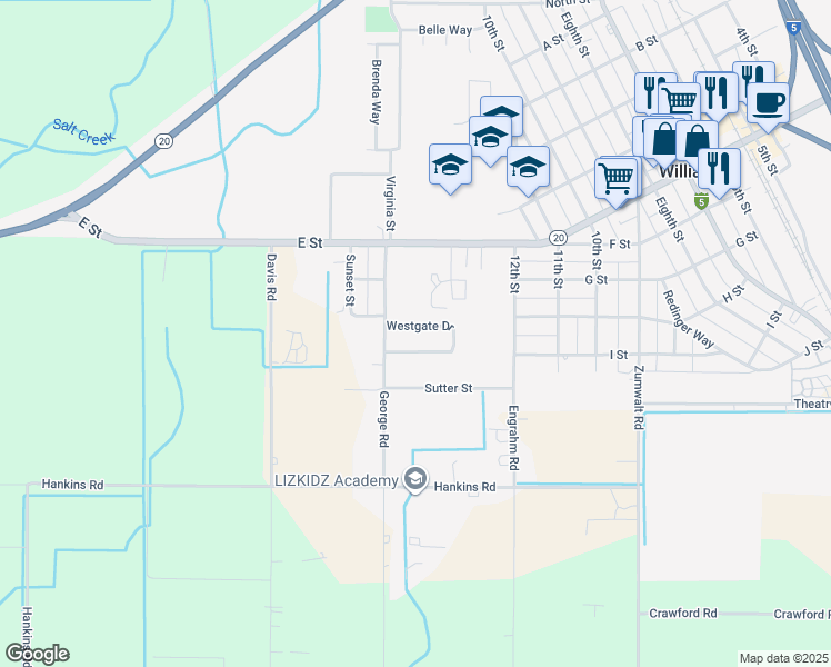 map of restaurants, bars, coffee shops, grocery stores, and more near 117 Westgate Drive in Williams