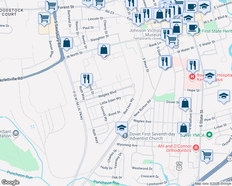 map of restaurants, bars, coffee shops, grocery stores, and more near 208 Ridgley Boulevard in Dover