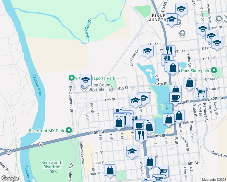 map of restaurants, bars, coffee shops, grocery stores, and more near 710 14th Street in Marysville