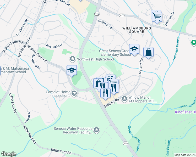 map of restaurants, bars, coffee shops, grocery stores, and more near 13107 Millhaven Place in Germantown