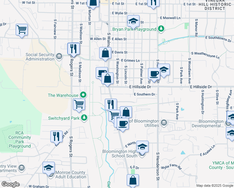map of restaurants, bars, coffee shops, grocery stores, and more near 205 E Southern Dr in Bloomington