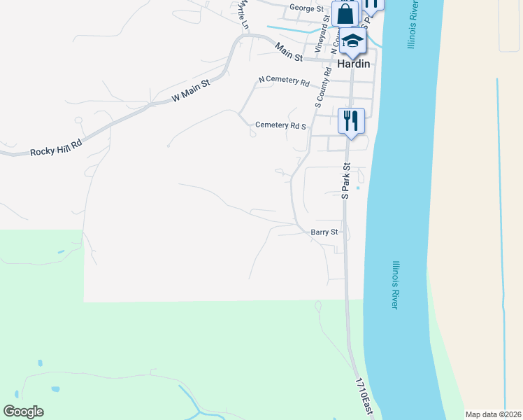 map of restaurants, bars, coffee shops, grocery stores, and more near 310 South County Road in Hardin