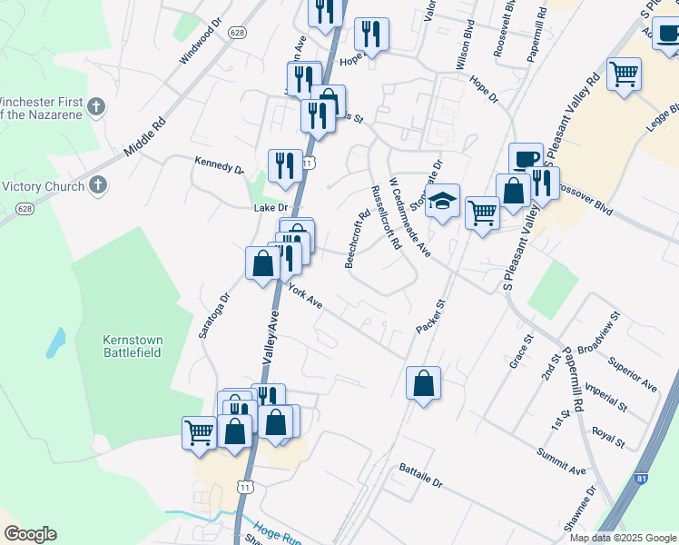 map of restaurants, bars, coffee shops, grocery stores, and more near 330 Beechcroft Road in Winchester