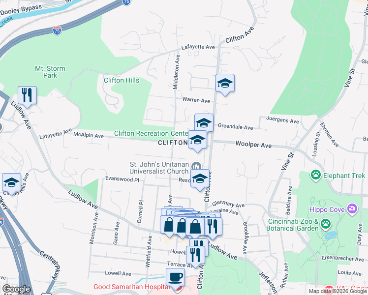 map of restaurants, bars, coffee shops, grocery stores, and more near 347 McAlpin Avenue in Cincinnati
