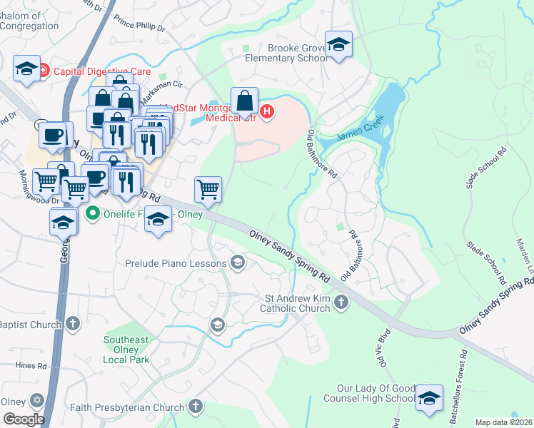 map of restaurants, bars, coffee shops, grocery stores, and more near 2701 Olney Sandy Spring Road in Olney