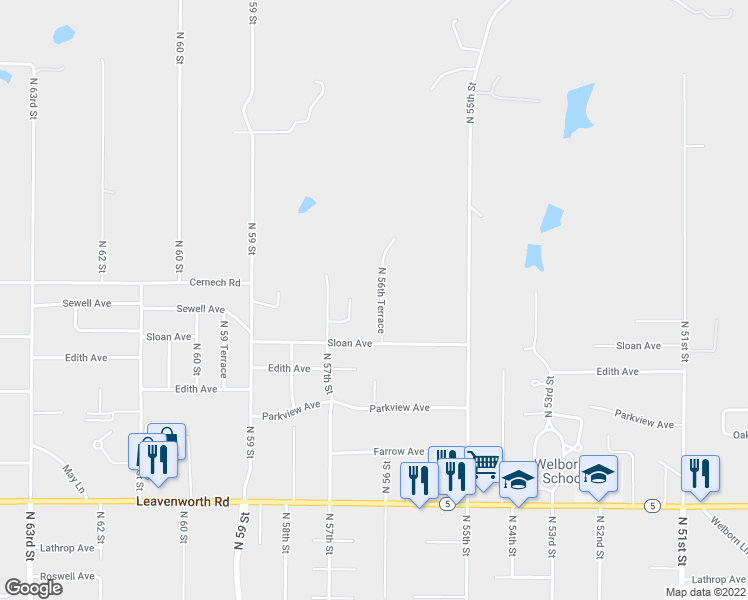 map of restaurants, bars, coffee shops, grocery stores, and more near 3440 North 56th Terrace in Kansas City