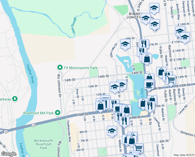 map of restaurants, bars, coffee shops, grocery stores, and more near 702 14th Street in Marysville
