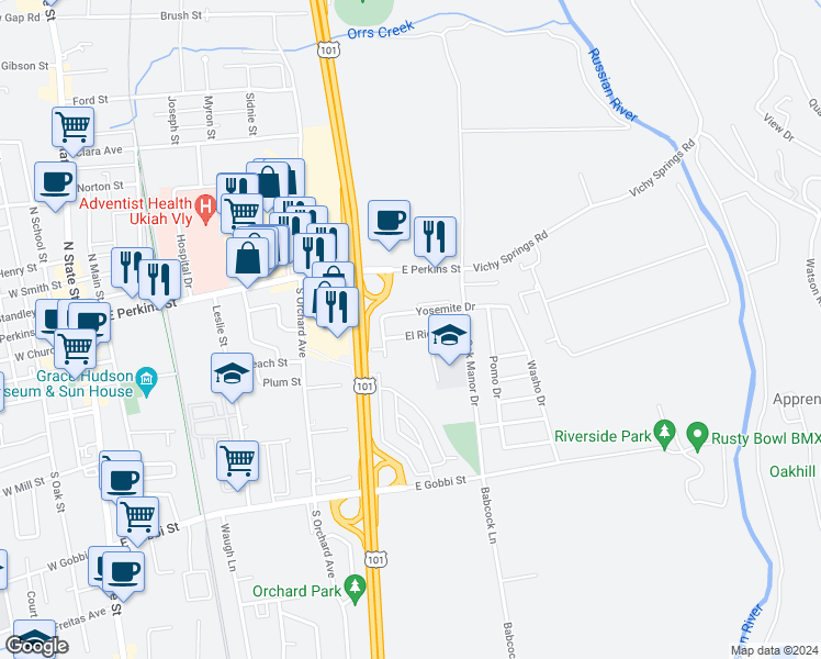 map of restaurants, bars, coffee shops, grocery stores, and more near 725 Yosemite Drive in Ukiah