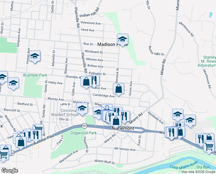 map of restaurants, bars, coffee shops, grocery stores, and more near 6927 Bramble Avenue in Cincinnati