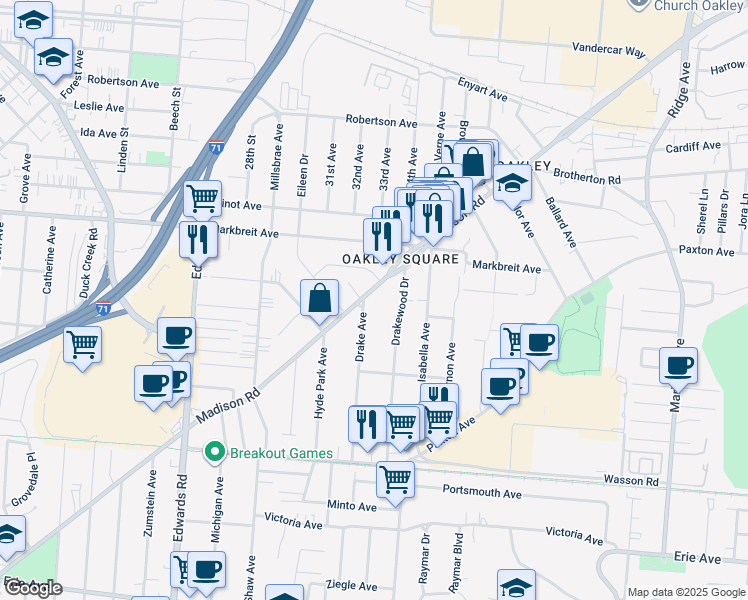 map of restaurants, bars, coffee shops, grocery stores, and more near 2951 Madison Road in Cincinnati