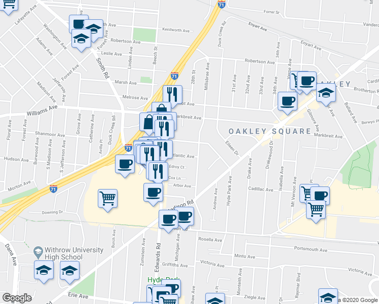 map of restaurants, bars, coffee shops, grocery stores, and more near 2729 Hyde Park Avenue in Cincinnati