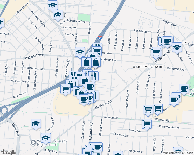 map of restaurants, bars, coffee shops, grocery stores, and more near 3831 Edwards Road in Newtown