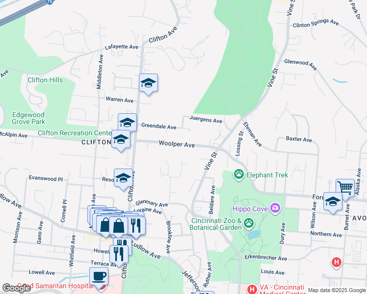 map of restaurants, bars, coffee shops, grocery stores, and more near 179 Woolper Avenue in Cincinnati