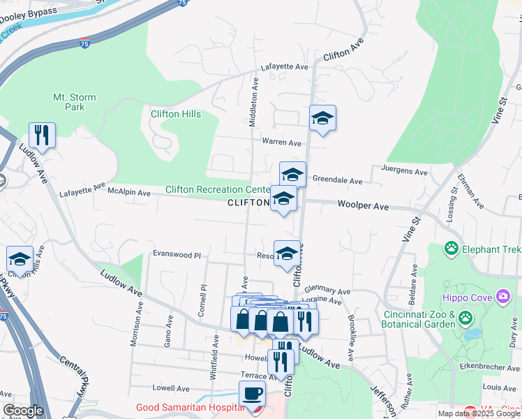 map of restaurants, bars, coffee shops, grocery stores, and more near 345 McAlpin Avenue in Cincinnati