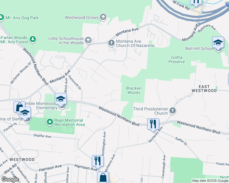 map of restaurants, bars, coffee shops, grocery stores, and more near 2529 Foxcove Court in Cincinnati