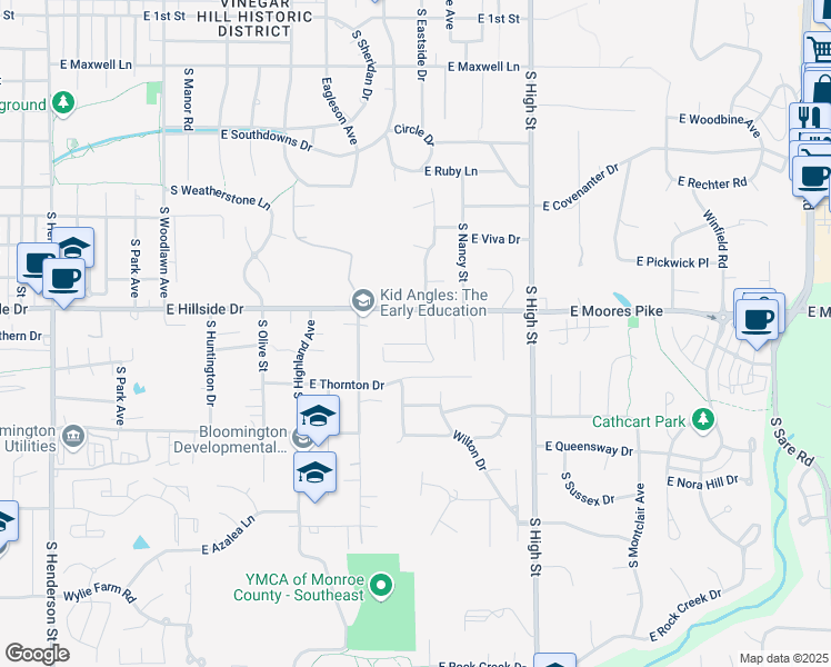 map of restaurants, bars, coffee shops, grocery stores, and more near 1515 South Dorchester Drive in Bloomington