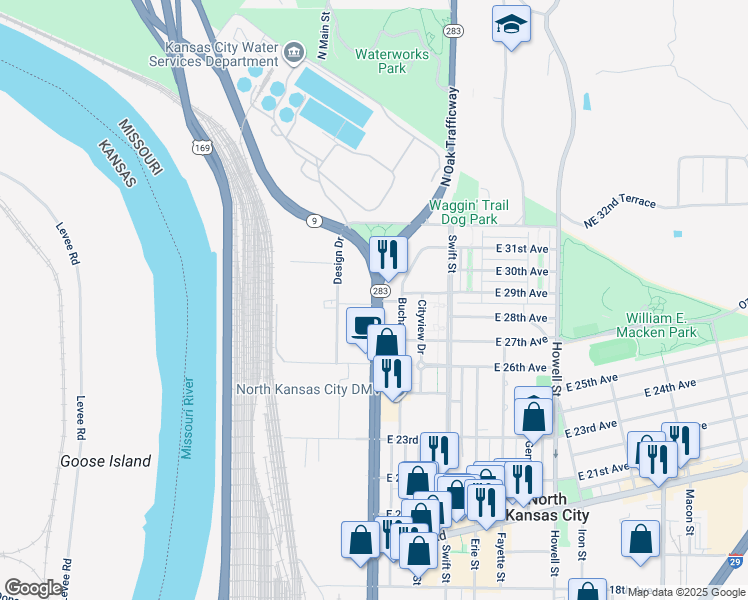 map of restaurants, bars, coffee shops, grocery stores, and more near 2900 Burlington Street in North Kansas City