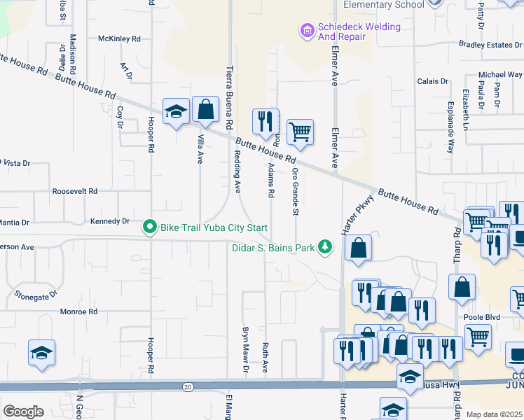 map of restaurants, bars, coffee shops, grocery stores, and more near 1558 Adams Road in Yuba City