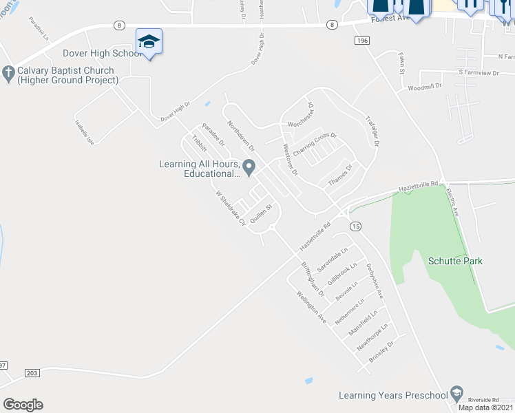 map of restaurants, bars, coffee shops, grocery stores, and more near 104 Katrina Way in Dover