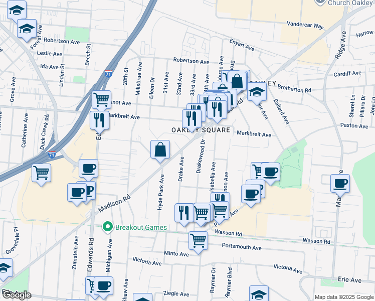 map of restaurants, bars, coffee shops, grocery stores, and more near 2955 Madison Road in Cincinnati