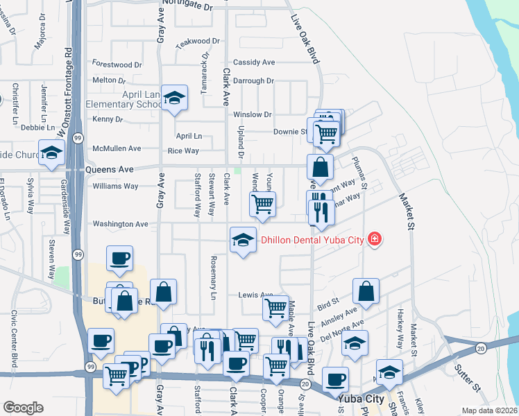 map of restaurants, bars, coffee shops, grocery stores, and more near 1428 Wendell Way in Yuba City