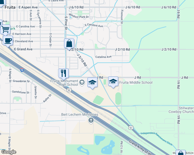 map of restaurants, bars, coffee shops, grocery stores, and more near 1815 J Road in Fruita