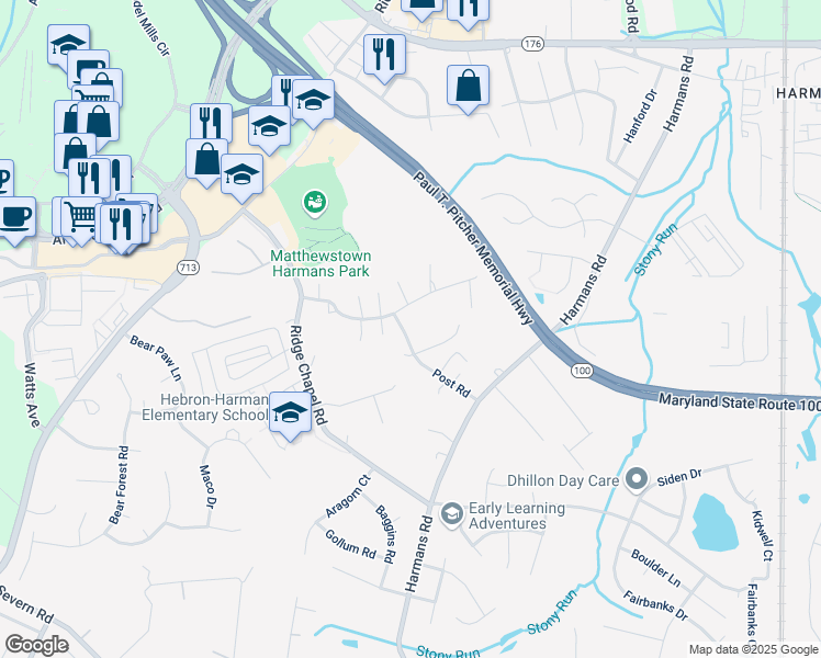 map of restaurants, bars, coffee shops, grocery stores, and more near 7609 Post Road in Hanover