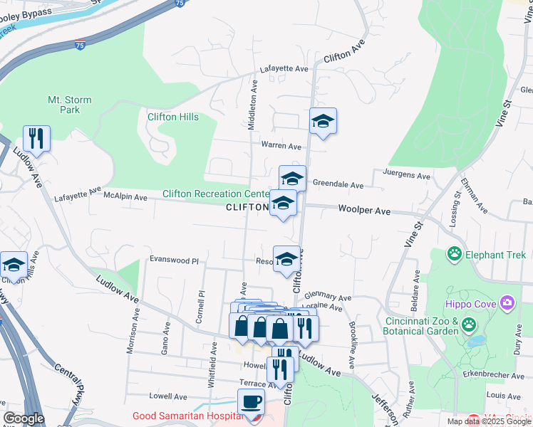 map of restaurants, bars, coffee shops, grocery stores, and more near 345 McAlpin Avenue in Cincinnati