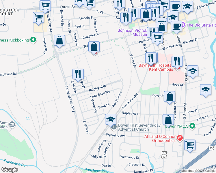 map of restaurants, bars, coffee shops, grocery stores, and more near 208 Ridgley Boulevard in Dover