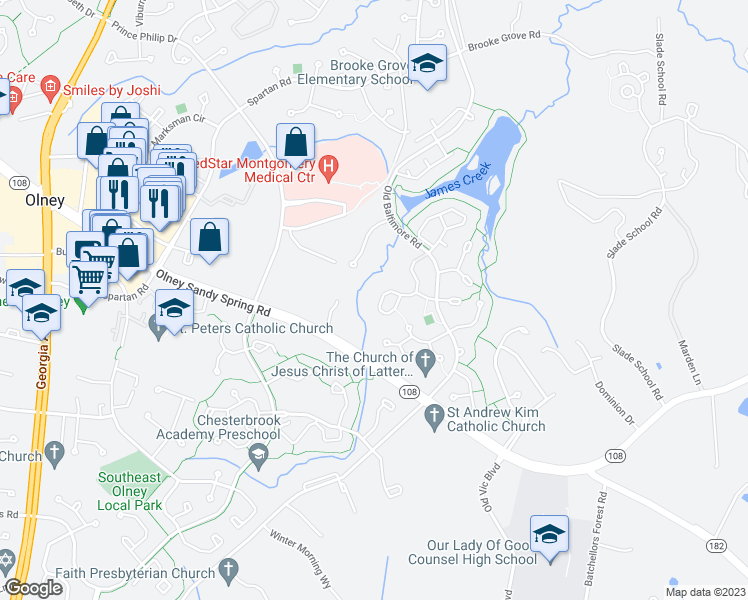map of restaurants, bars, coffee shops, grocery stores, and more near 17806 Shotley Bridge Place in Olney